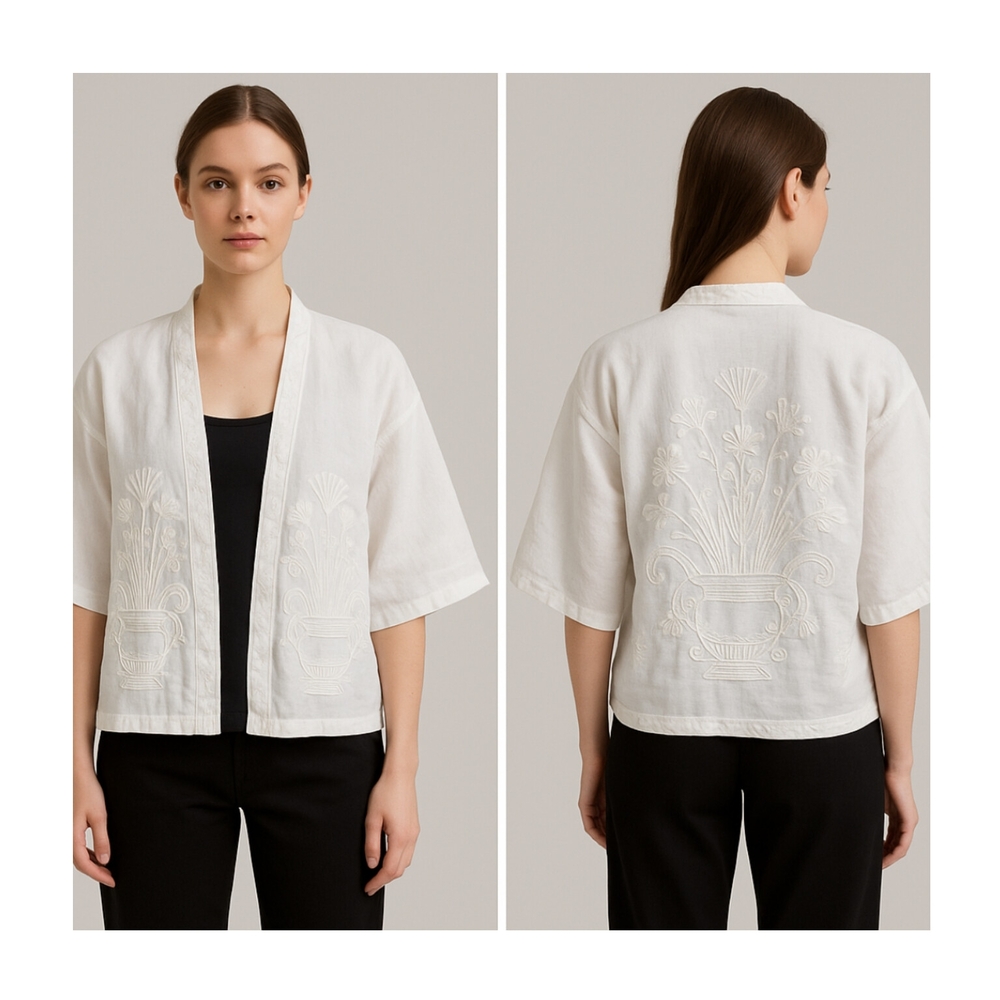 Greek Archaic Kori White And Gold Embroidered Women's Kimono